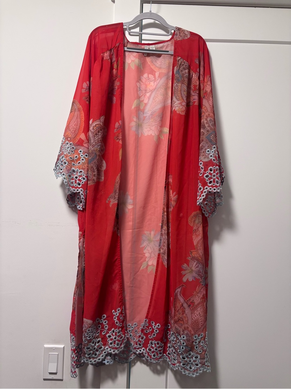 Coral Floral teal Lace-Trim Kimono